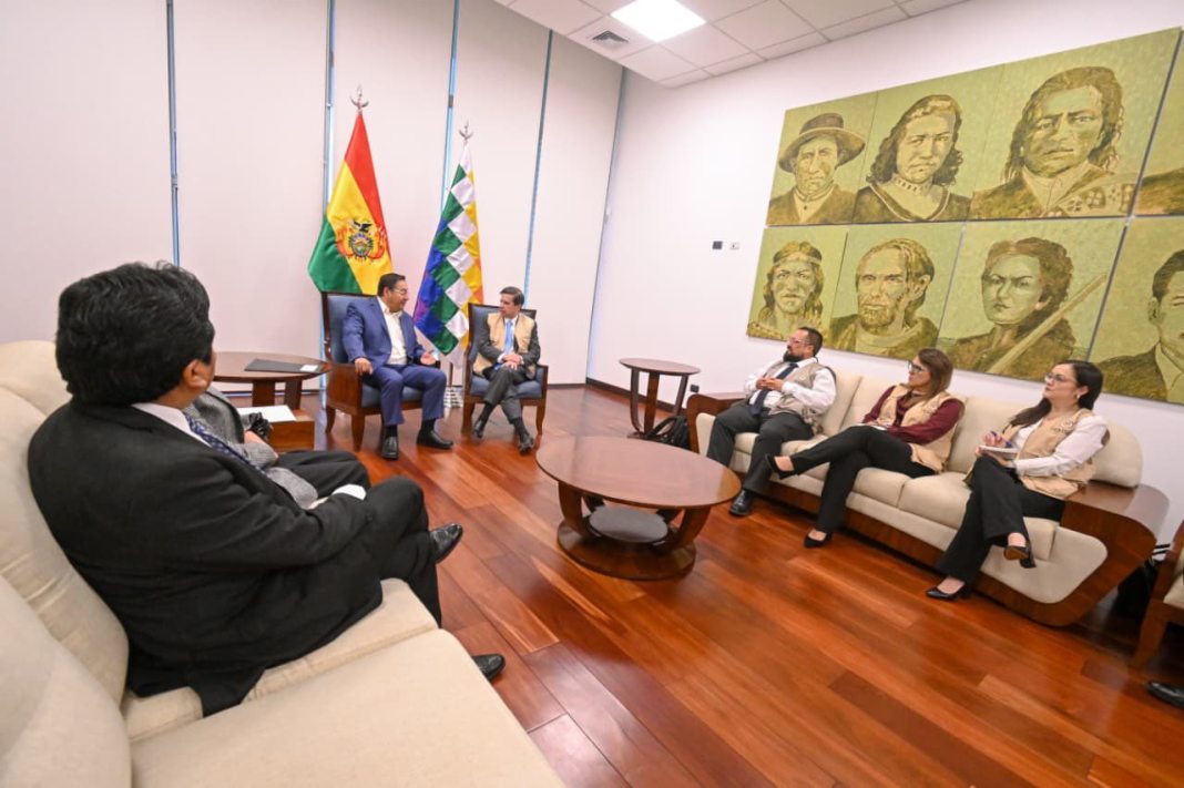 El presidente Luis Arce y el jefe de MOE-OEA, Juan Fernando Cristo, durante la reunión en Casa Grande del Pueblo
