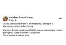 María René Soruco expresa condolencias a la familia Paz Zamora por el fallecimiento de Rosario Paz Zamora
